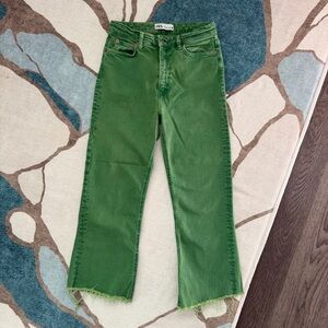 Zara | Green Acid Wash High Waisted Flare Hem Cropped Denim Jeans Raw Cutoff Hem